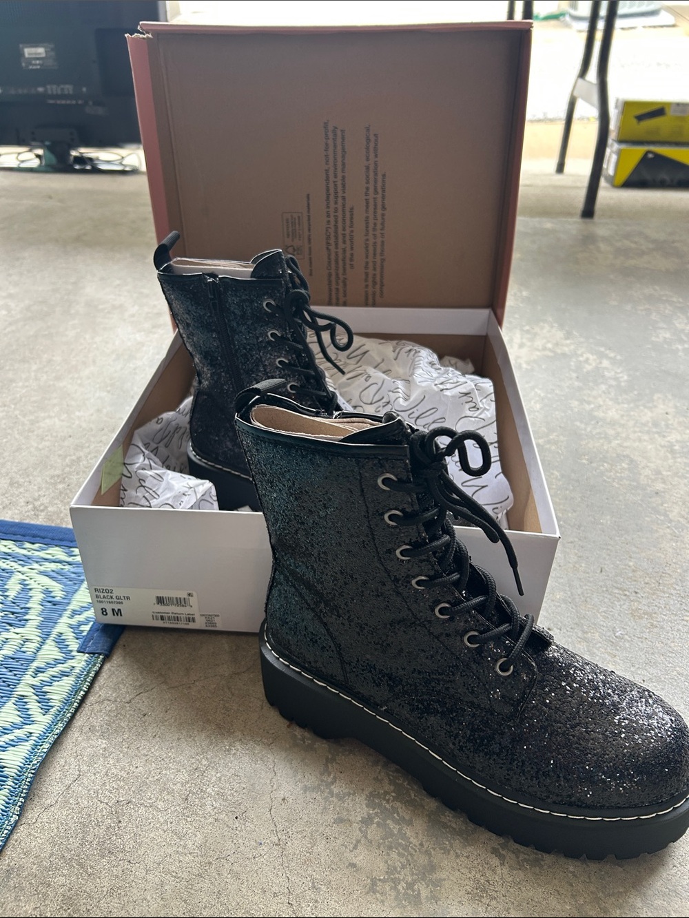 Wild Pair Black Glitter Lace-Up Platform Combat Boots